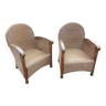 Pair of rattan and wood armchairs