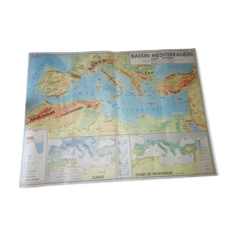 Carte murale scolaire géographie vintage Bassin Méditerranéen Proche-Orient  années 1970