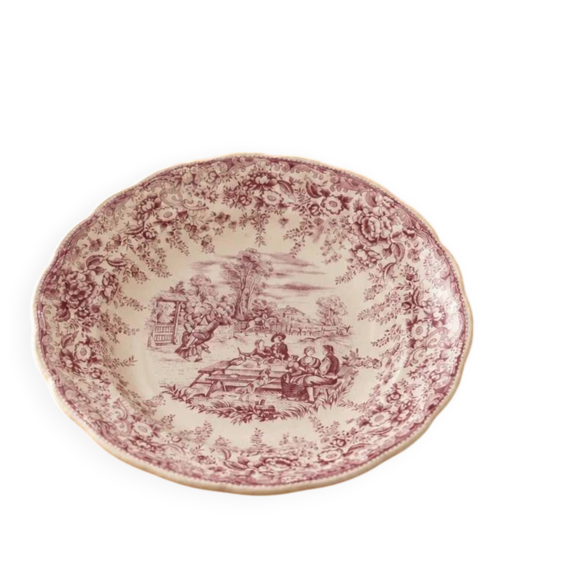 Large vintage shallow dish Lunéville KG – French earthenware, purple country decor – 30 cm