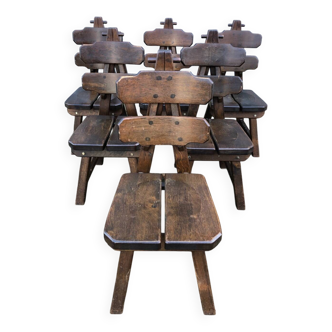 6 chaises brutalistes en chêne massif