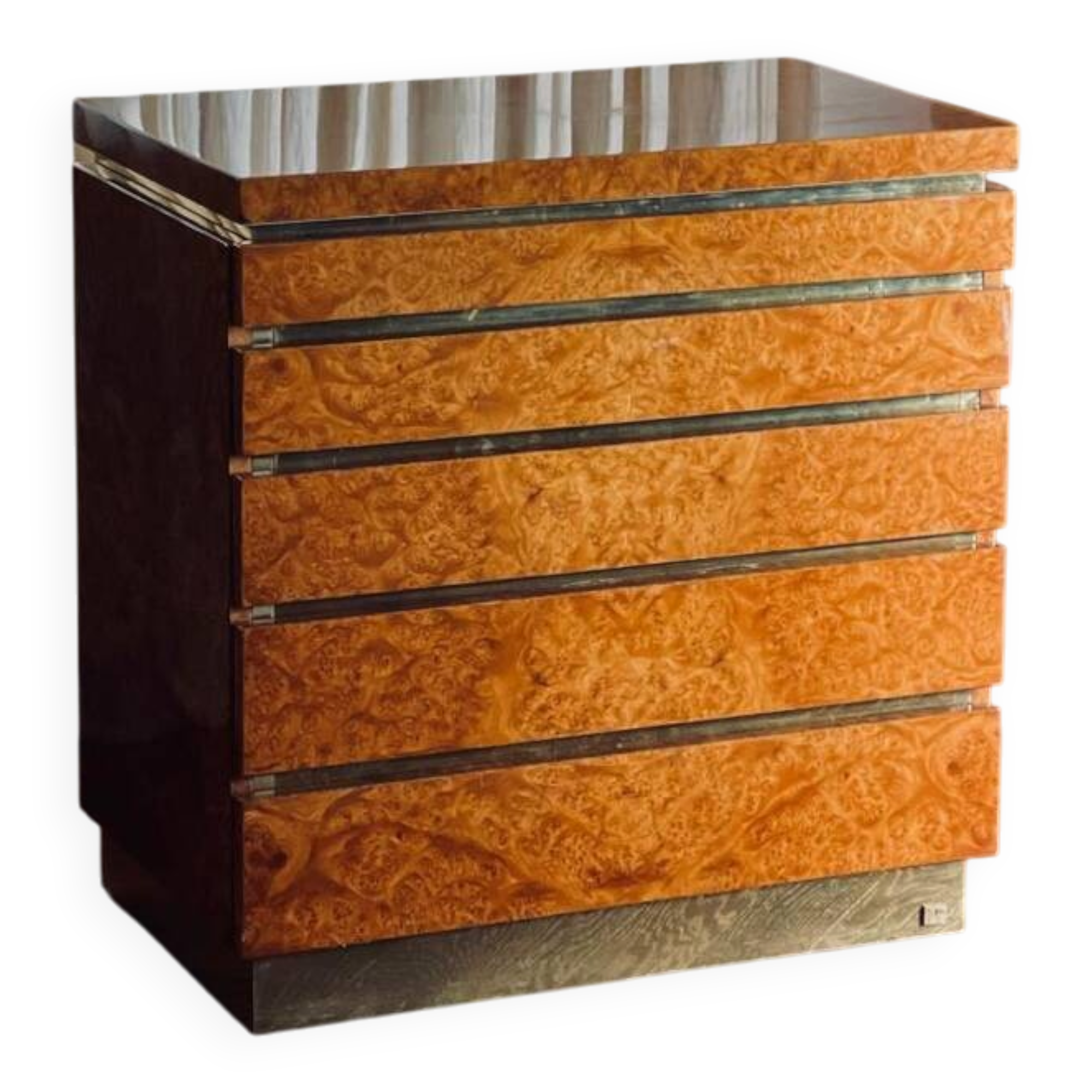 Lacquered elm burl chest of drawers by Jean Claude Mahey, 1970s.