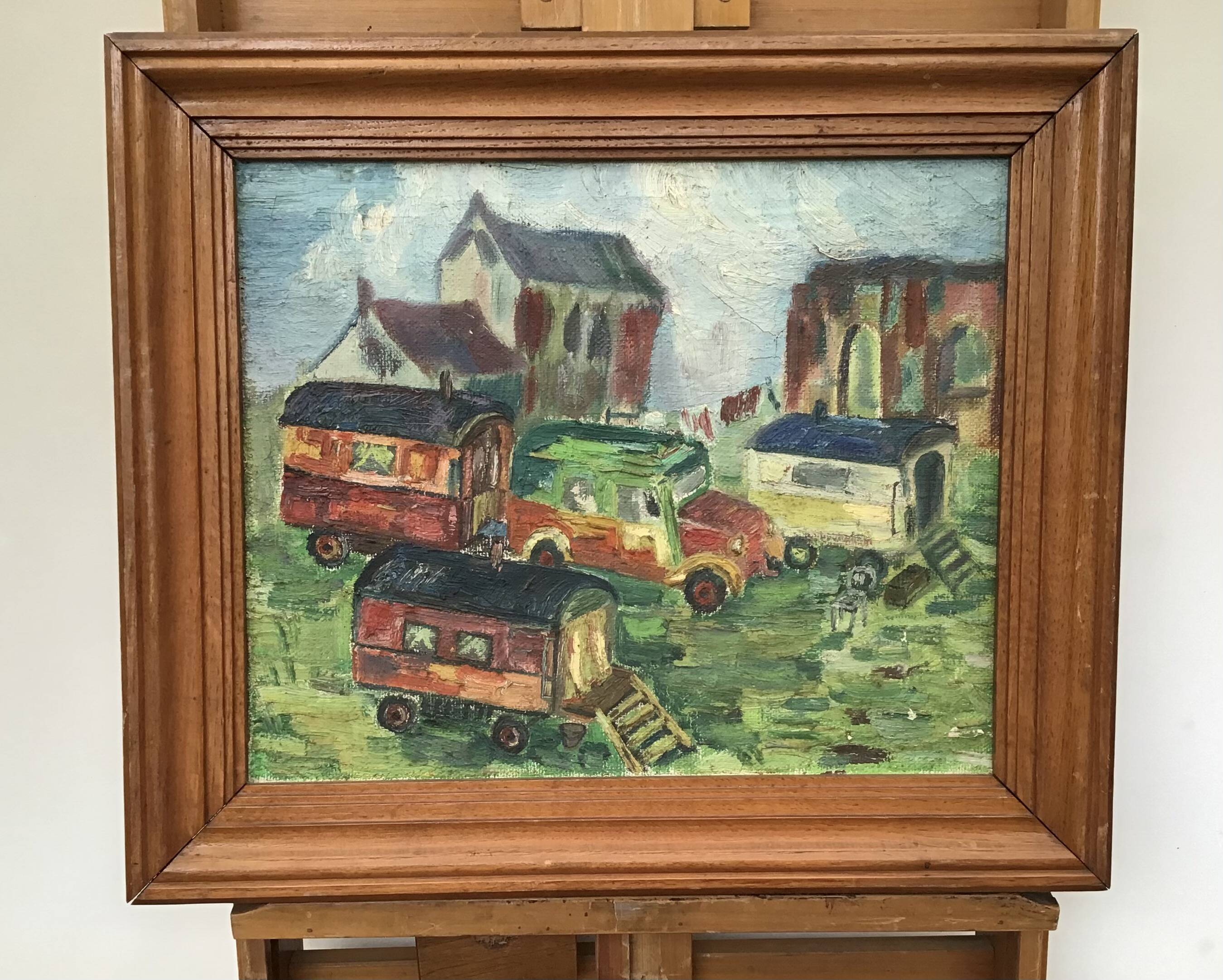 Oil on canvas representing a gypsy or fairground camp