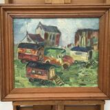 Oil on canvas representing a gypsy or fairground camp