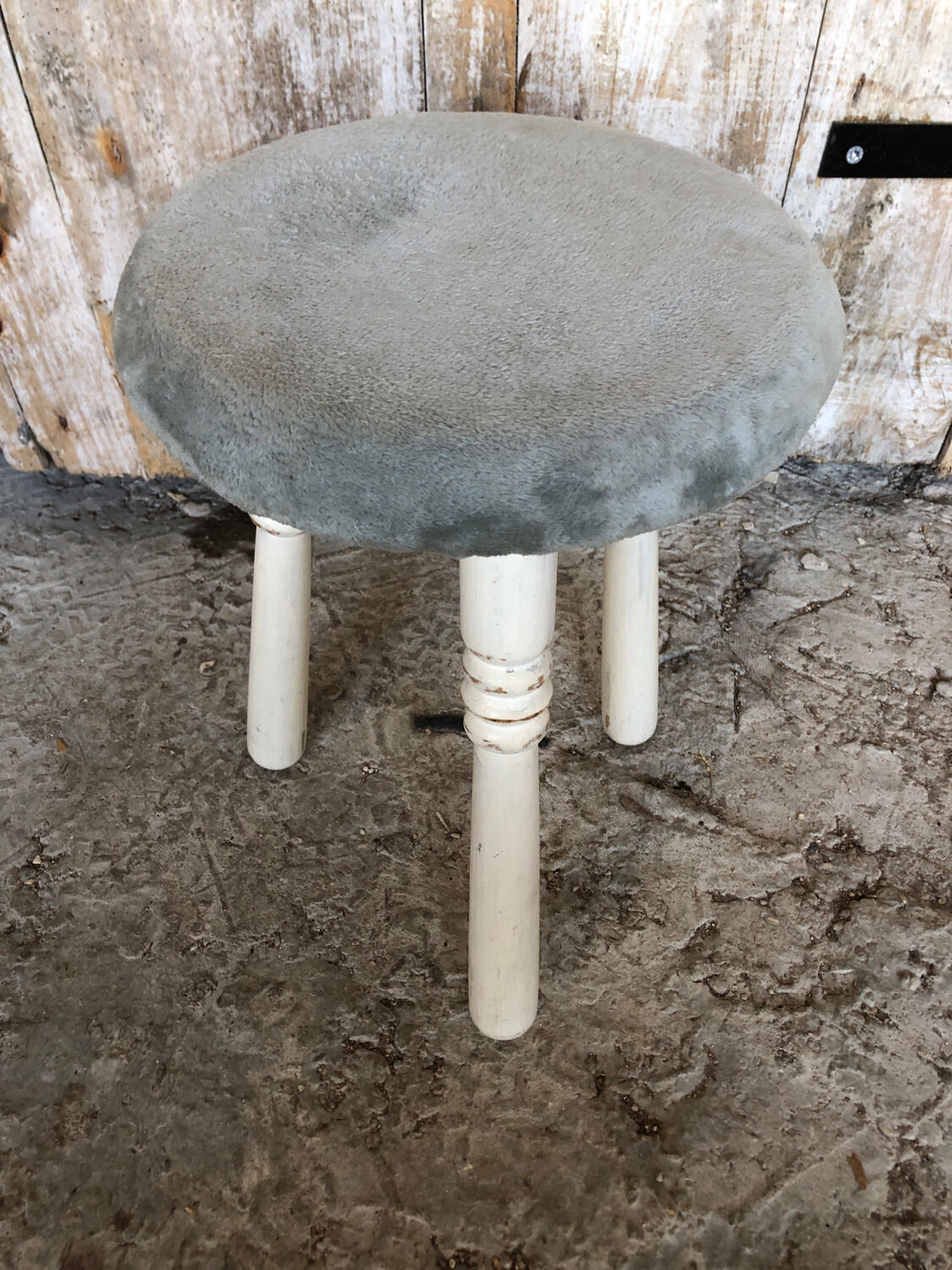 White Wood Tripod Milking Stool + Vintage Blue Gray Velvet Seat #A292