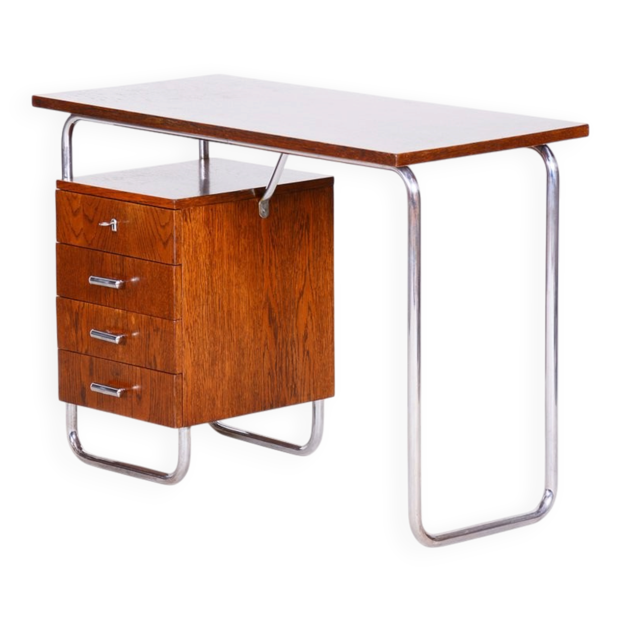 Bauhaus Writing Desk in Oak and Chrome by R. Slezák, Czech, 1930s