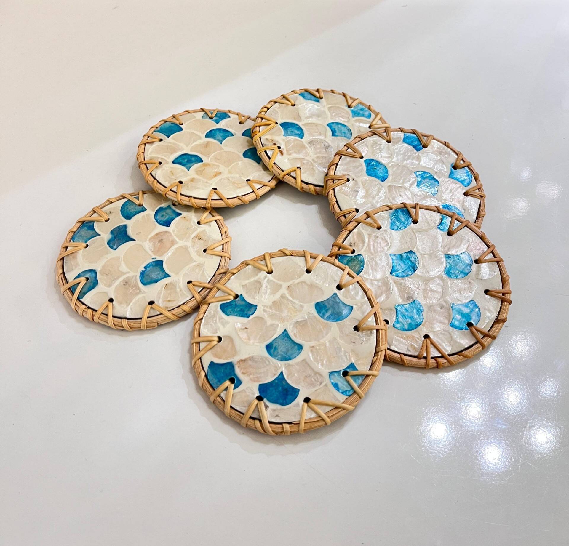 Mid Century Modern Vintage Set of 6 Rattan Coasters with a Pearl Finish