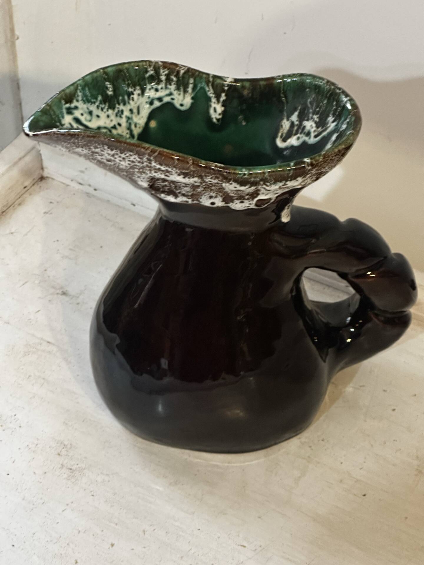 Sculptural pitcher Vallauris in glazed ceramic green and brown, France