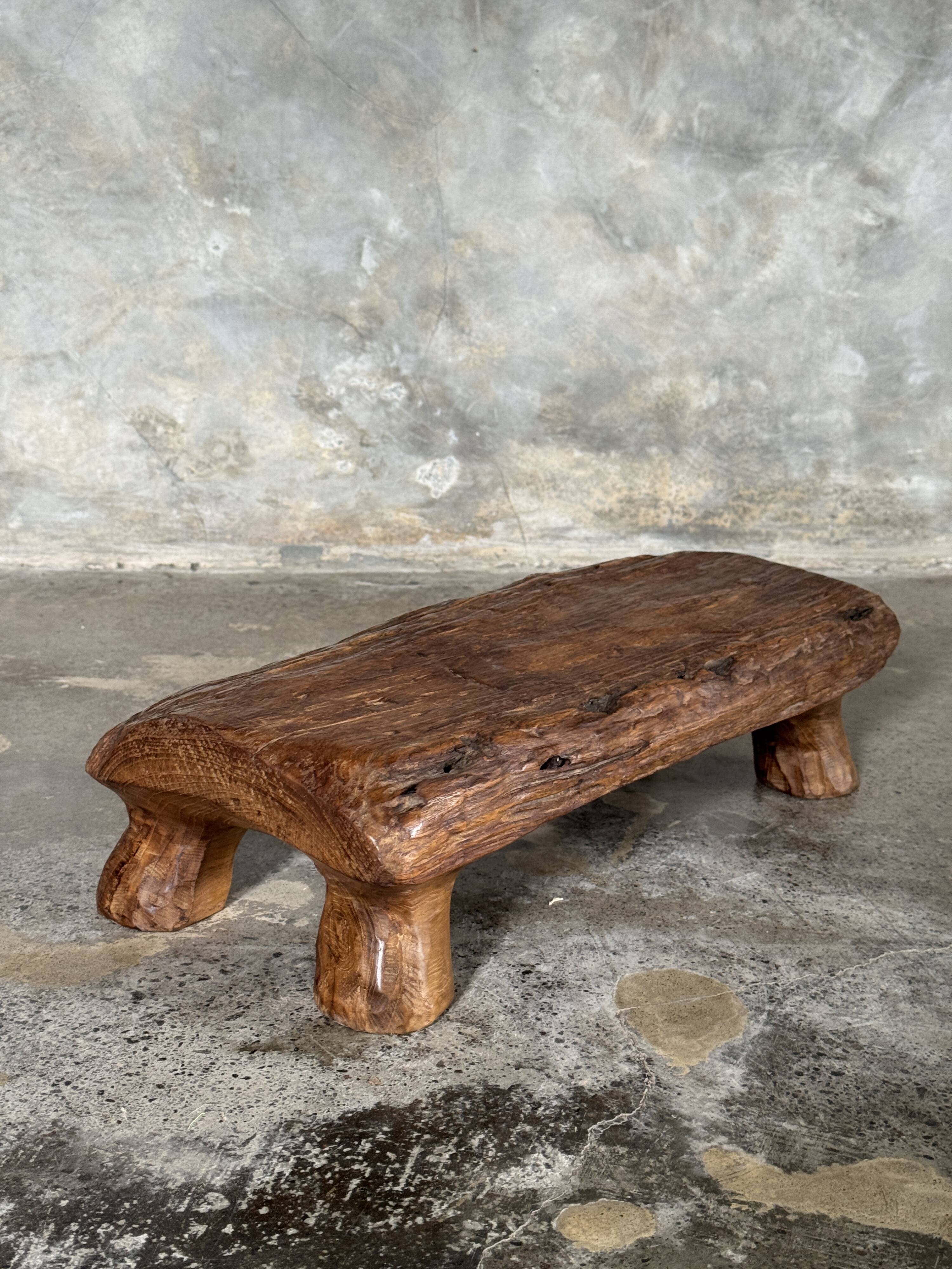 Small stool, footrest in organic blond teak monoxyle wabi-sabi L31
