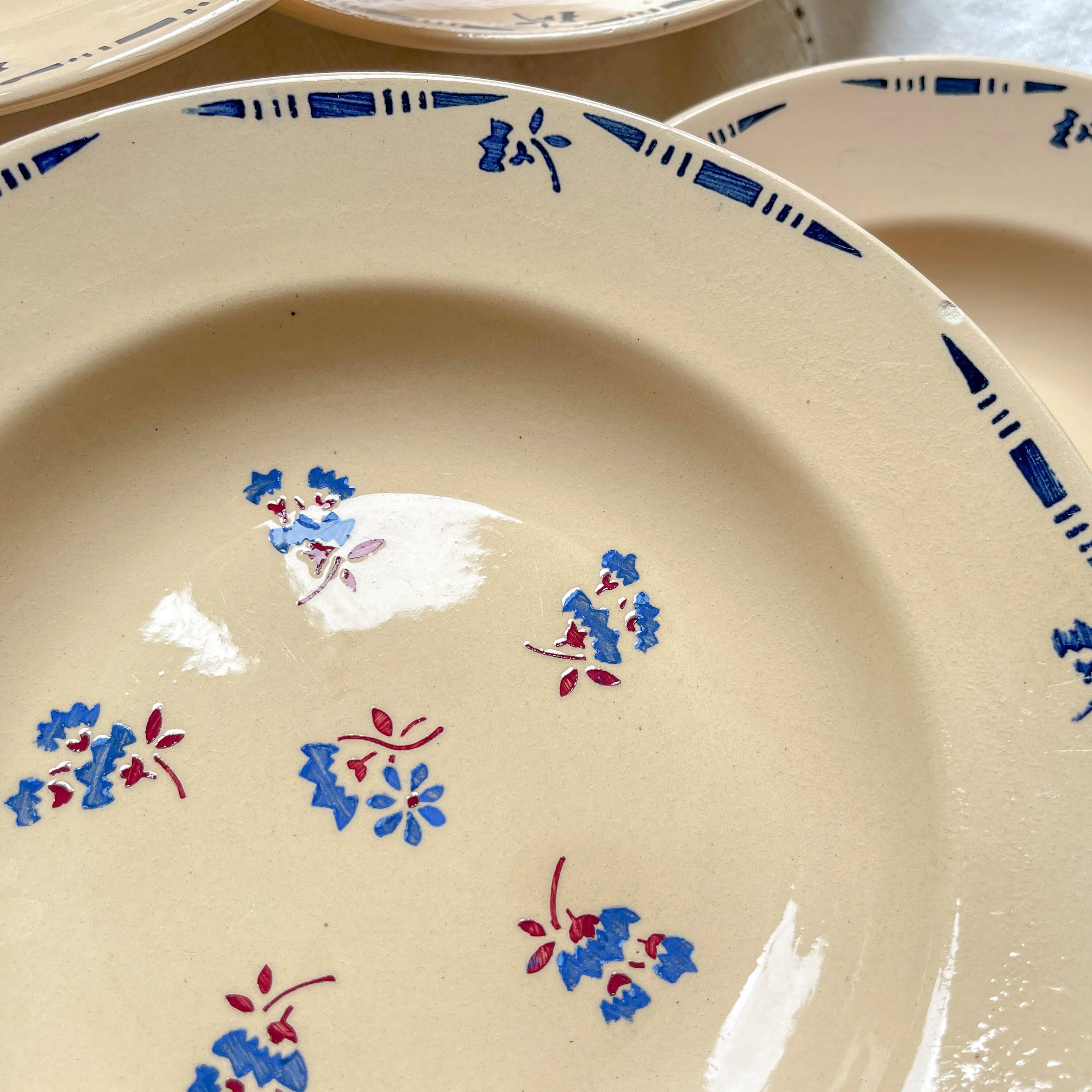 6 vintage K&G Luneville "Flore" porcelain soup plates, 1950s, small blue flowers