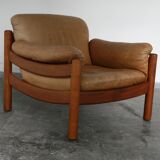 Teak and leather club armchairs