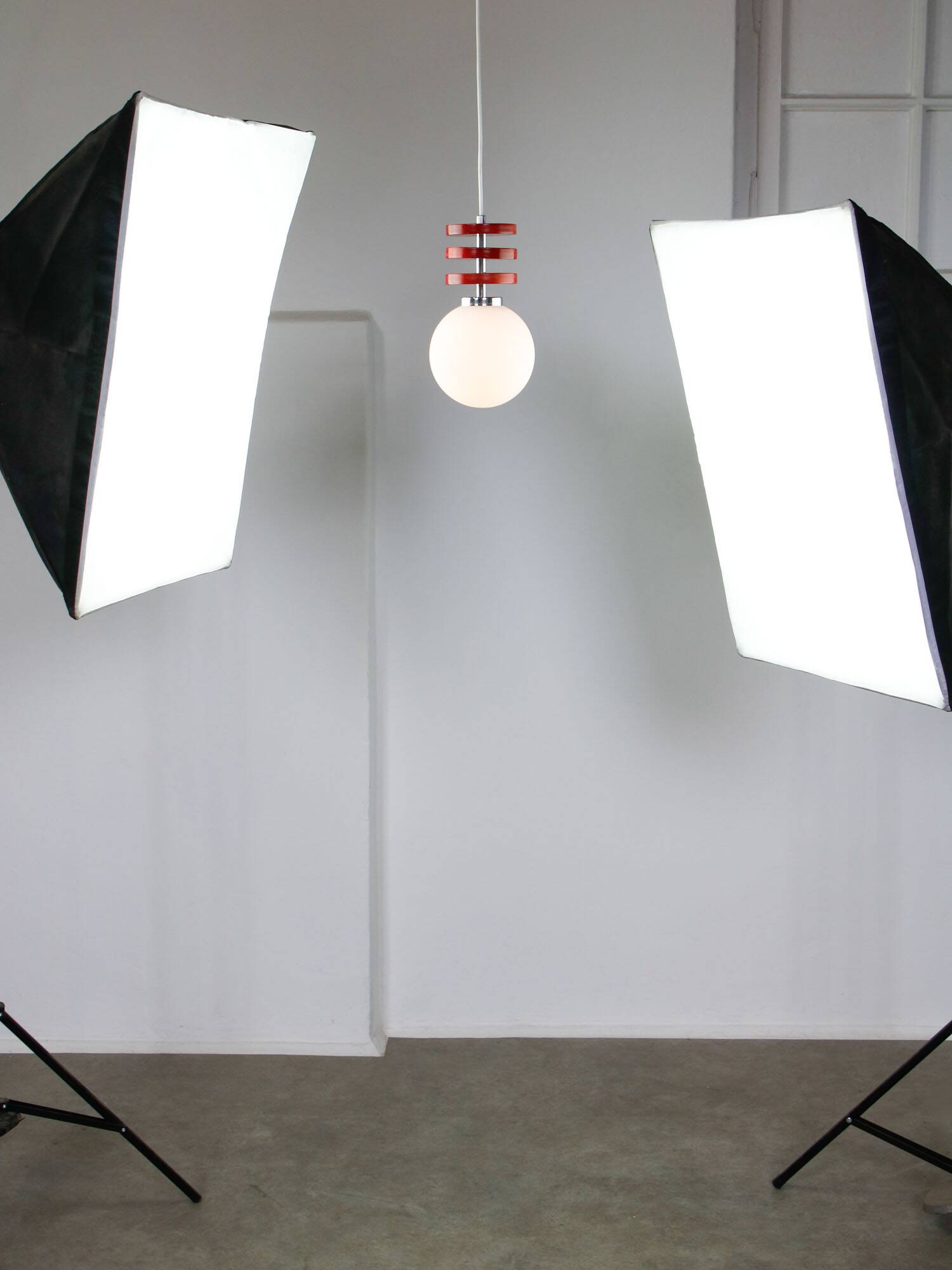 Vintage Italian Red Disc Pendant Lamp In Chrome and Wood, 1970s