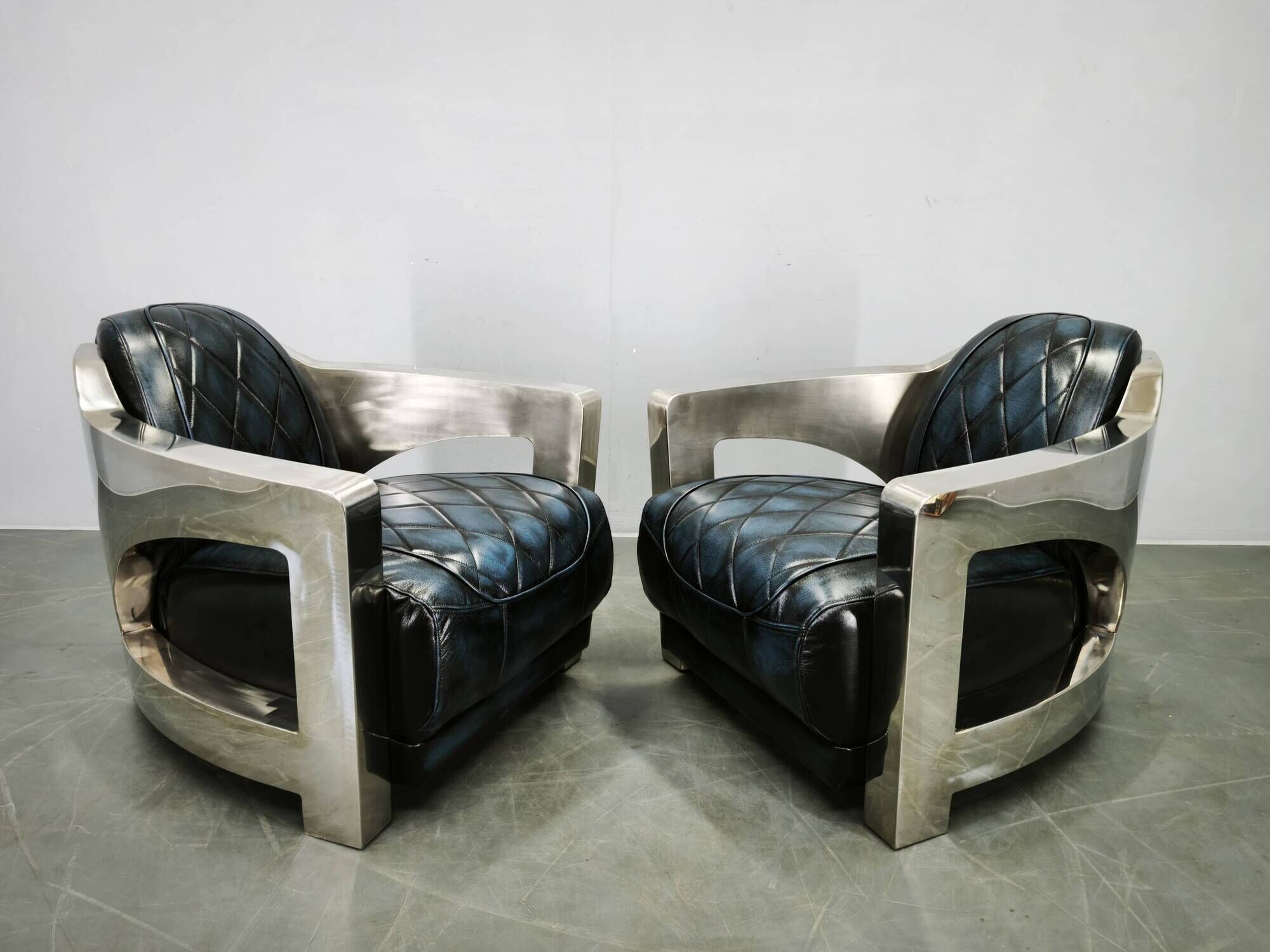 Pair of Timothy Oulton Aviator Leather and Steel Armchairs 1990s