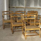 Ensemble de six fauteuils brutalistes en chêne massif 1960