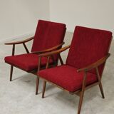 Pair of burgundy boomerang armchairs Antonin Suman Ton Bystrice (Thonet)