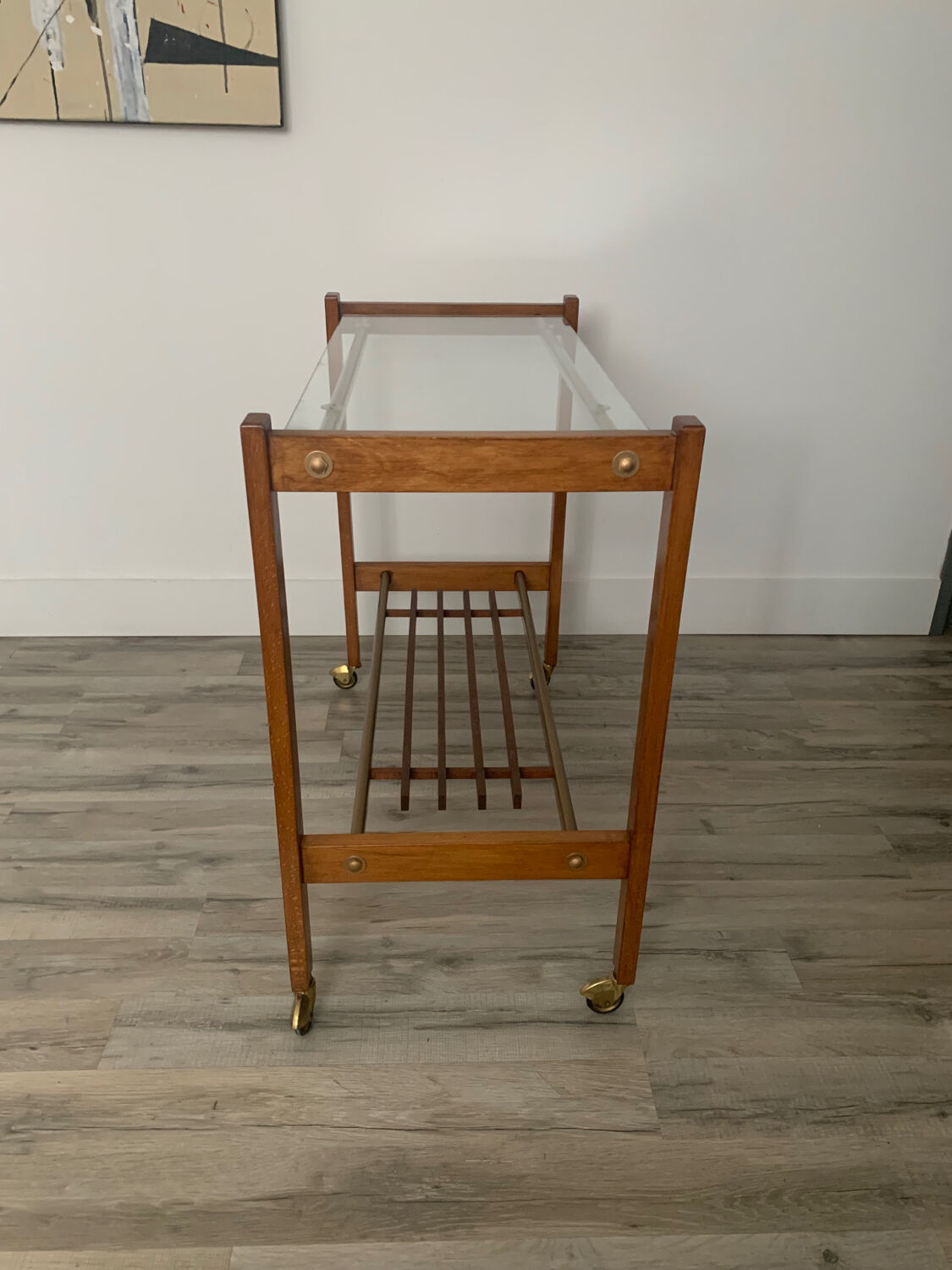 Danish trolley on wheels, teak, brass and glass