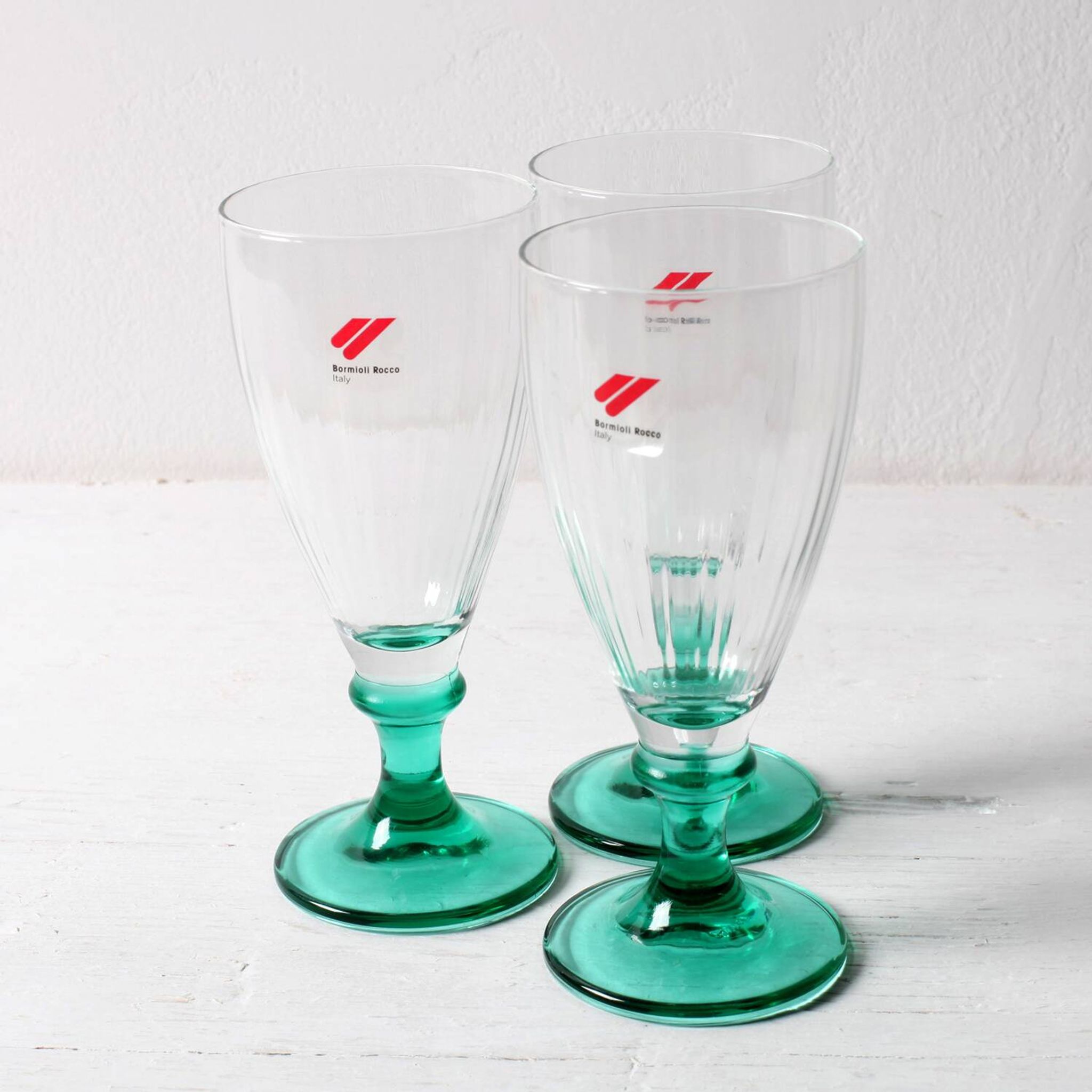 Set of 3 Vintage Bormioli Rocco Wine Glasses: Green Stem Harmonia Flutes