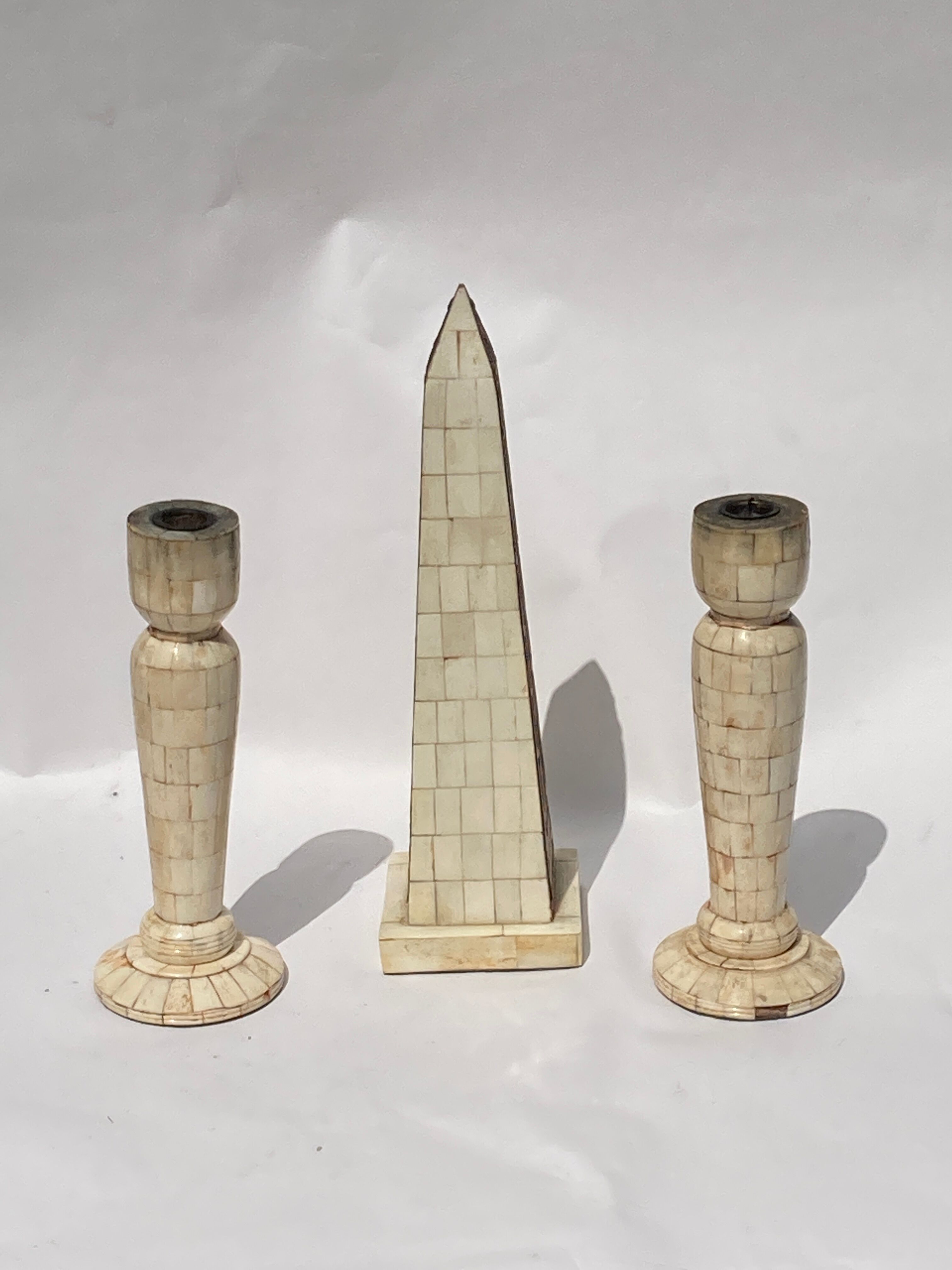 Grand tour bone inlay candle holders, candle sticks and obelisk, ca 1895 France