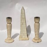 Grand tour bone inlay candle holders, candle sticks and obelisk, ca 1895 France