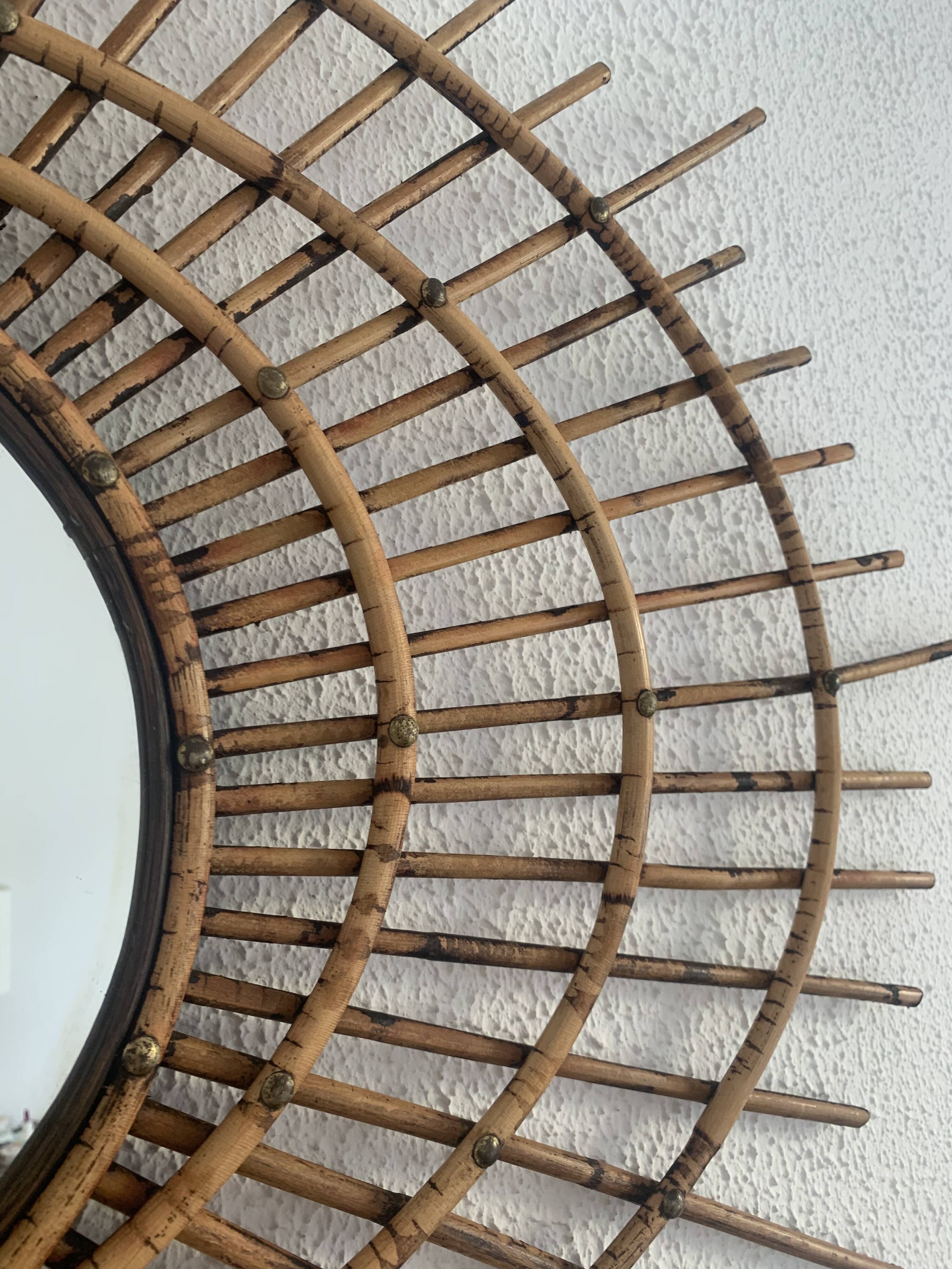 Miroir vintage 1960 soleil rotin style ORTF - 83 x 65 cm