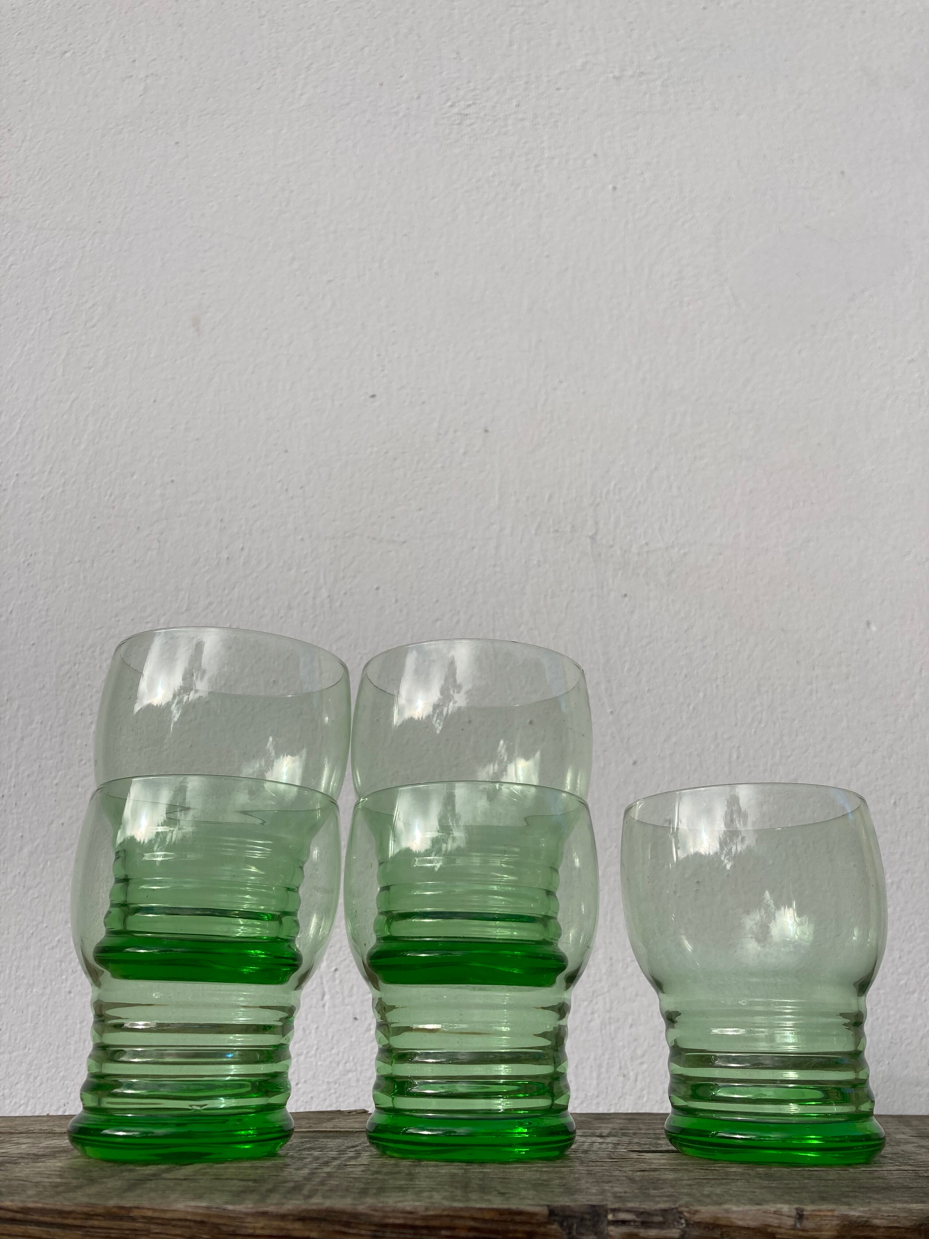 5 vintage green blown glass water glasses