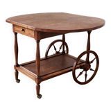 Folding dessert table in solid chestnut, 2 drawers, wheels, 20th century.