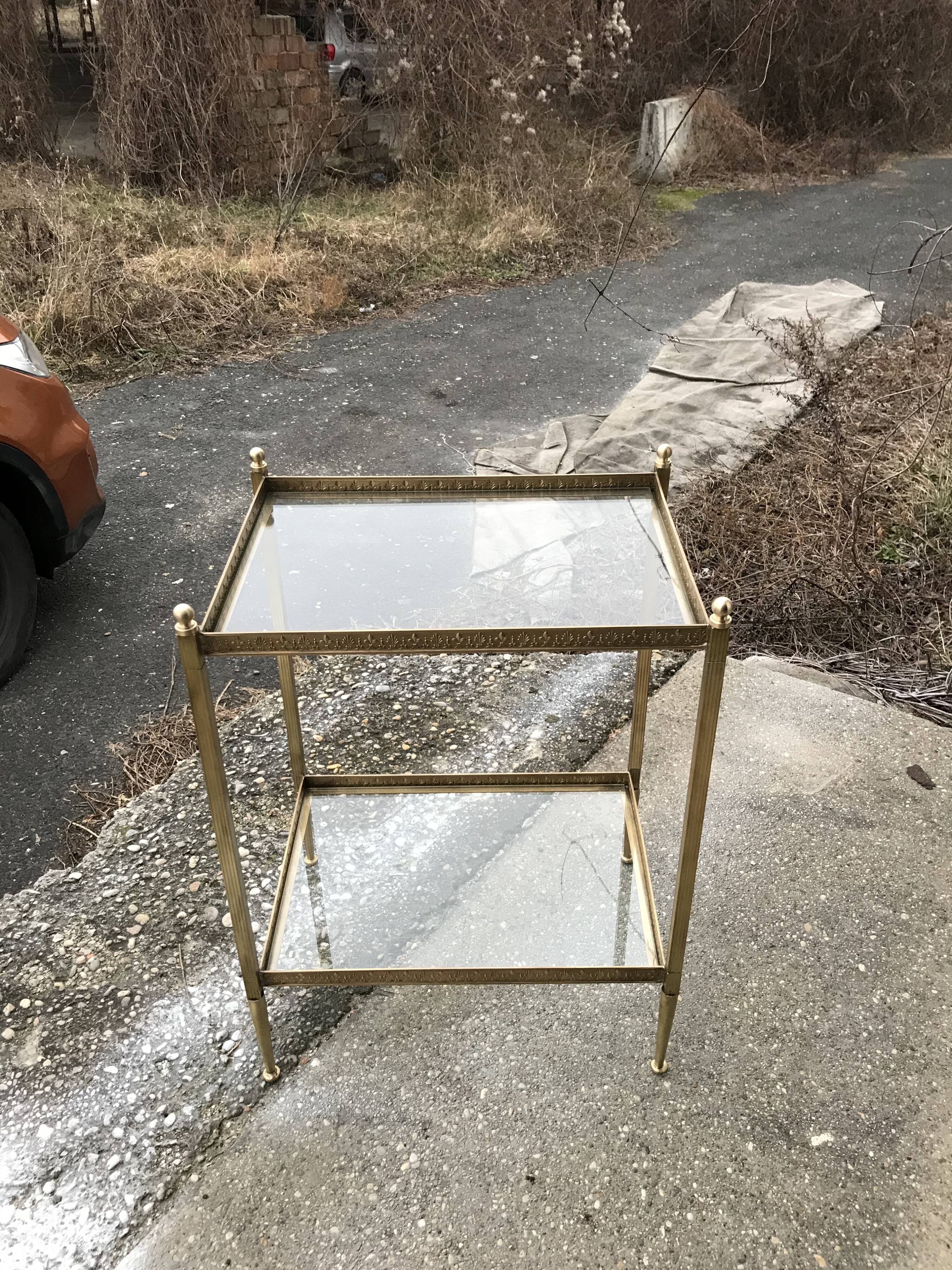 French  neoclassical brass side table with glass shelves 1950