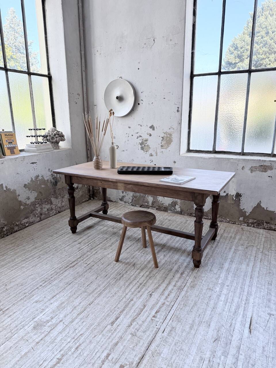 Farm table with turned legs, made of pine and birch, 180cm.