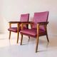 Vintage design armchair set – red skai and teak (1960s)