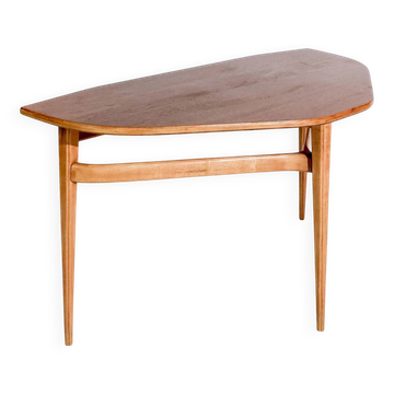 Vintage Scandinavian side table with three legs by LJ Bord, teak and beech, 1950s–1960s.