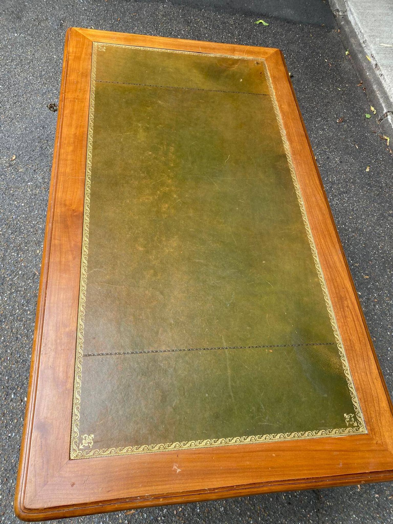Louis XV style flat desk in solid cherry wood with pull-out extensions and leather top 19