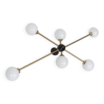Stilnovo vintage 1960s chandelier, brass and glass, 6xE14