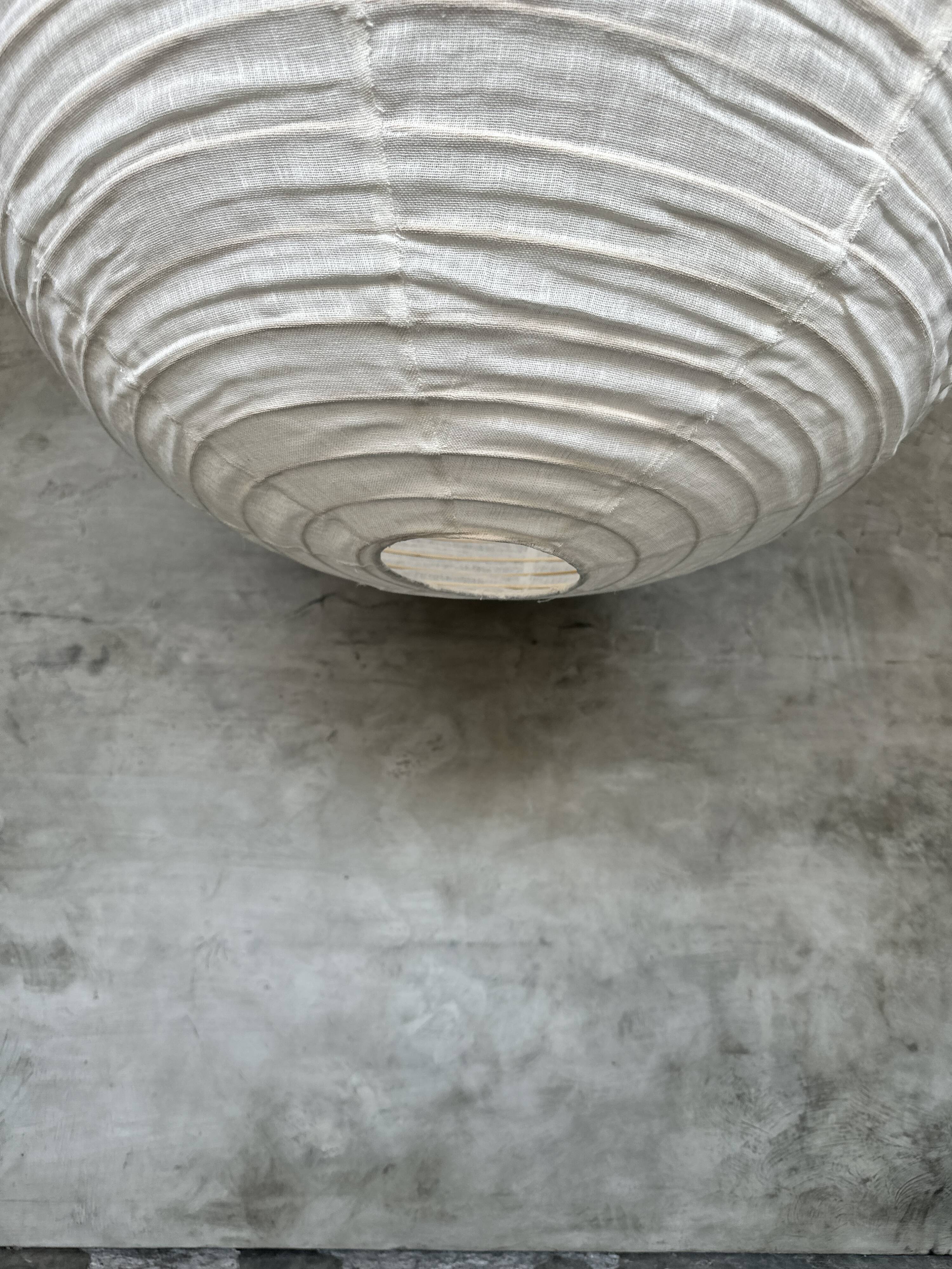 Very large round Japanese-style rattan and natural linen pendant light D:80