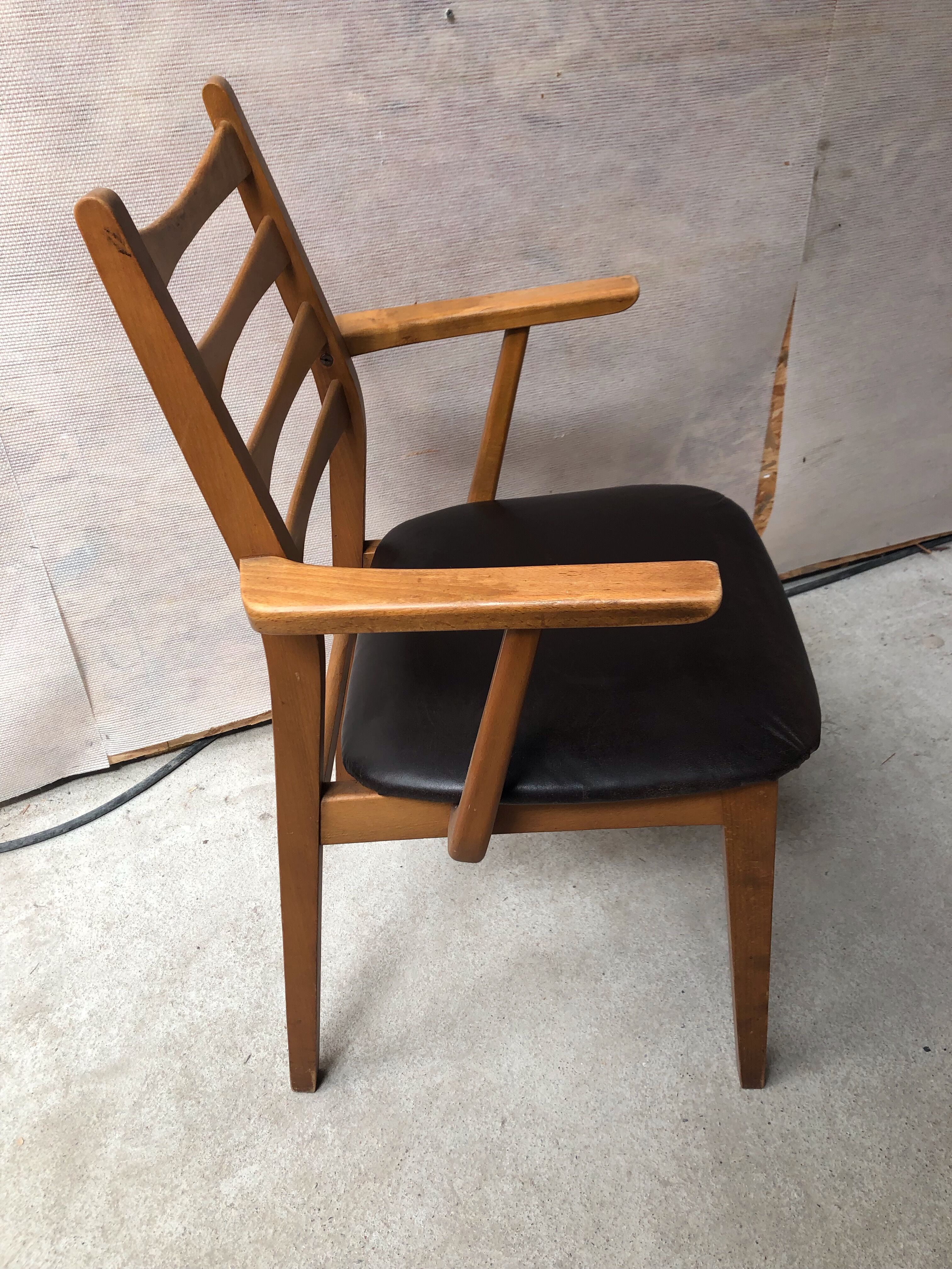 Armchair blond wood and Scandinavian leather 60s