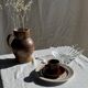 Set of 6 vintage brown glazed ceramic espresso cups with saucers.
