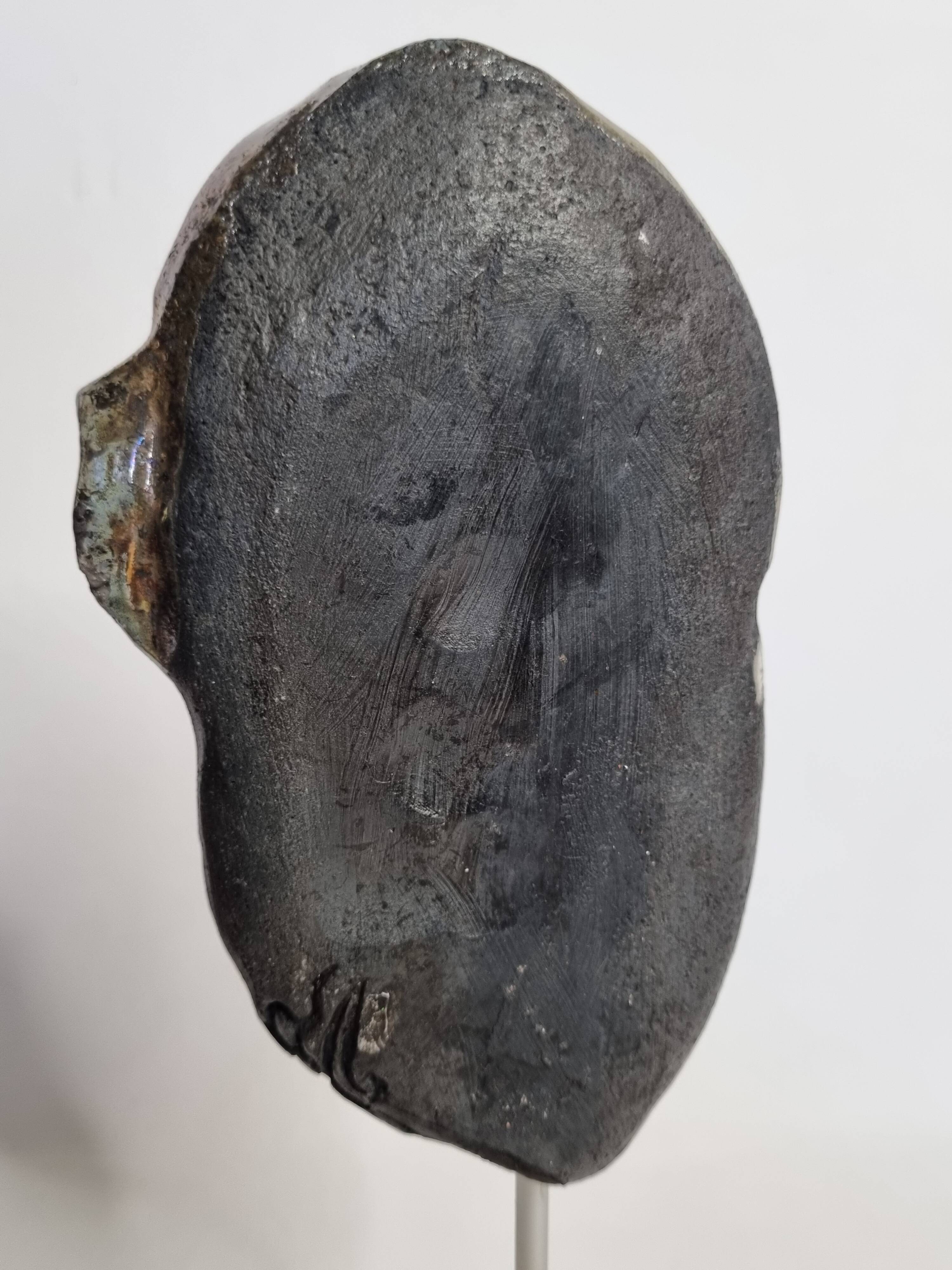 Signed raku ceramic mask on wooden base Contemporary sculpture 30 cm
