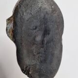 Signed raku ceramic mask on wooden base Contemporary sculpture 30 cm