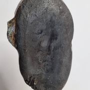 Signed raku ceramic mask on wooden base Contemporary sculpture 30 cm