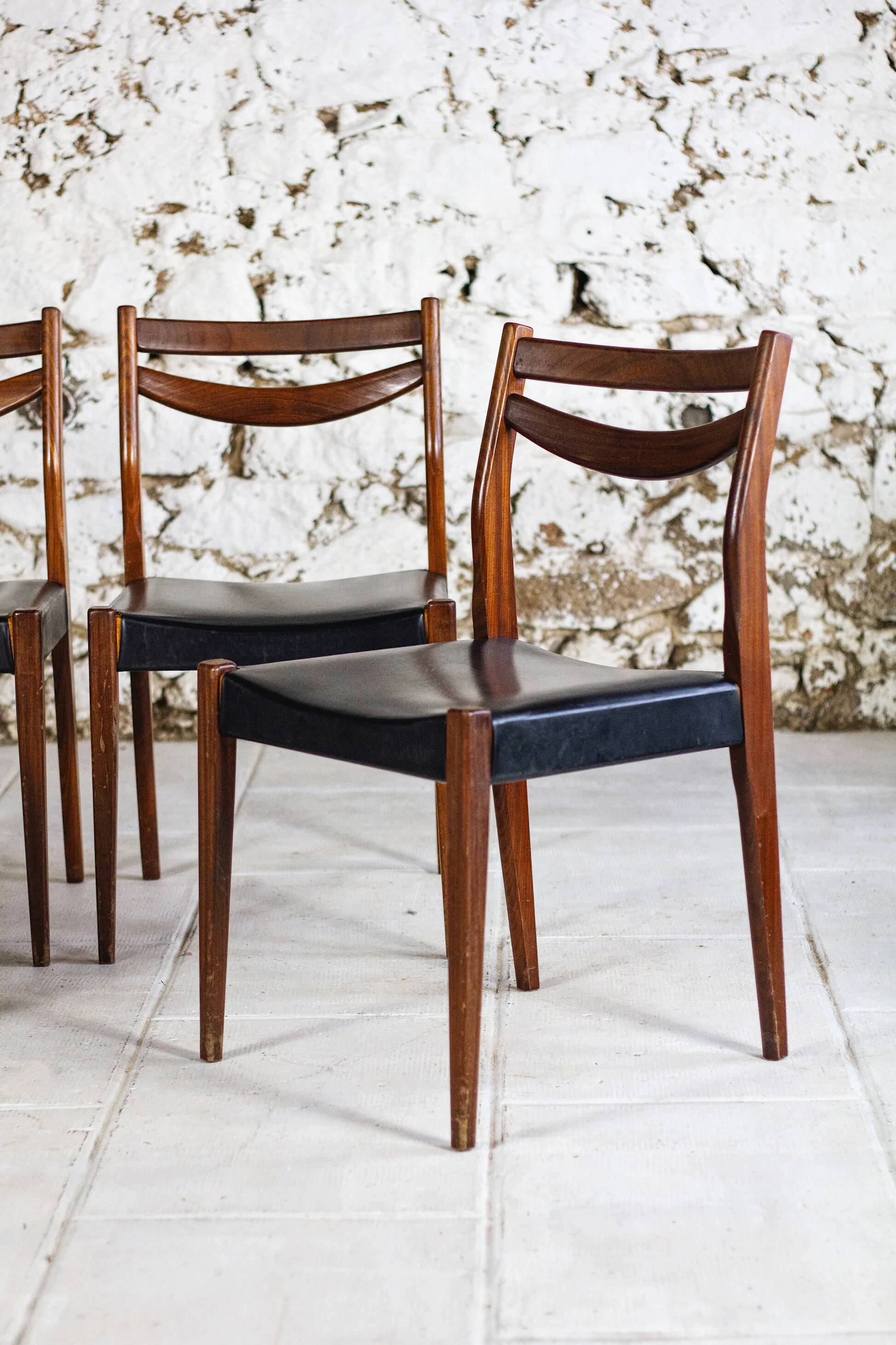4 vintage Scandinavian chairs in teak and imitation leather, 1960