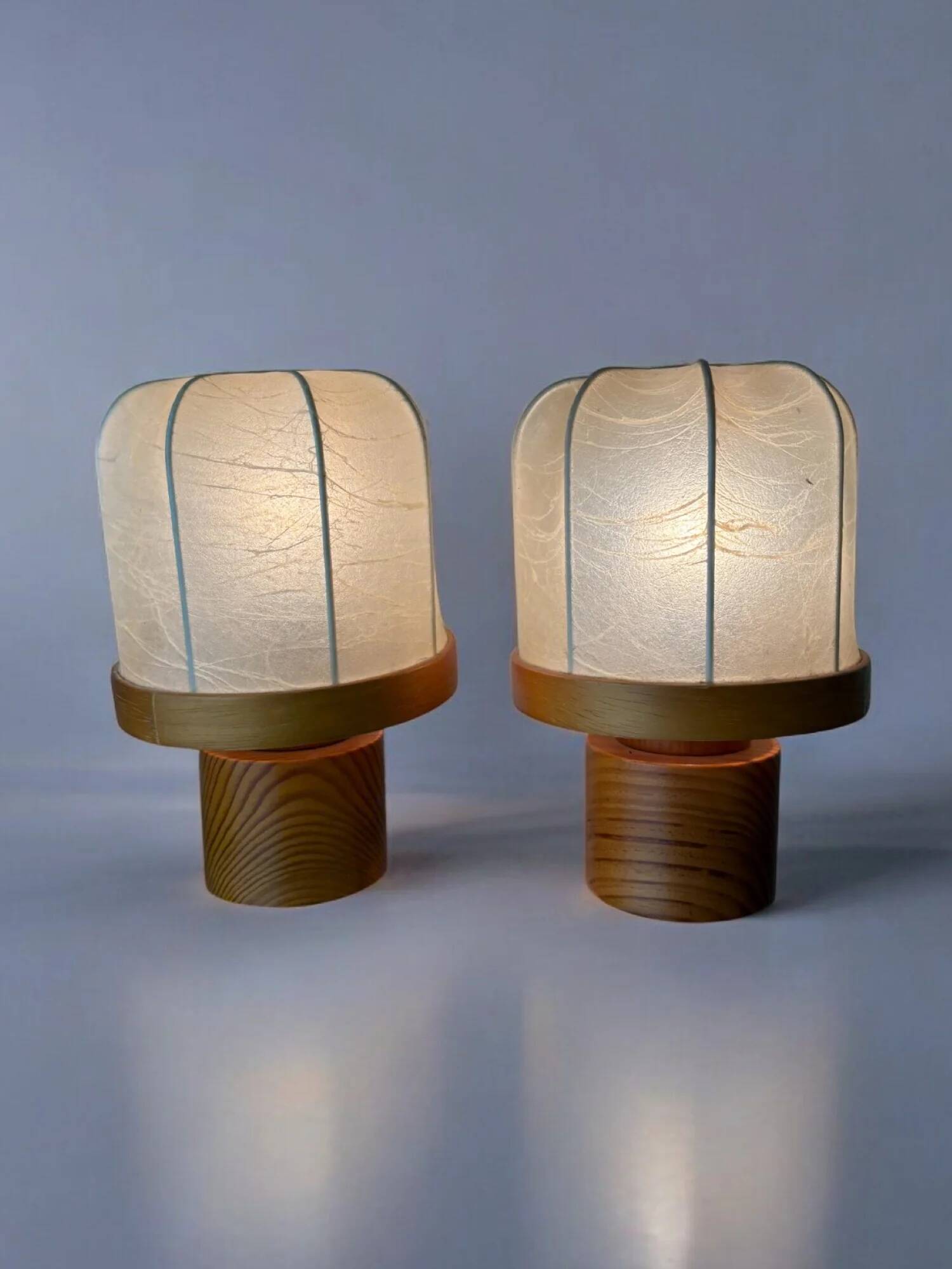 Pair of cocoon table lamps with pine, Italy, 1970s