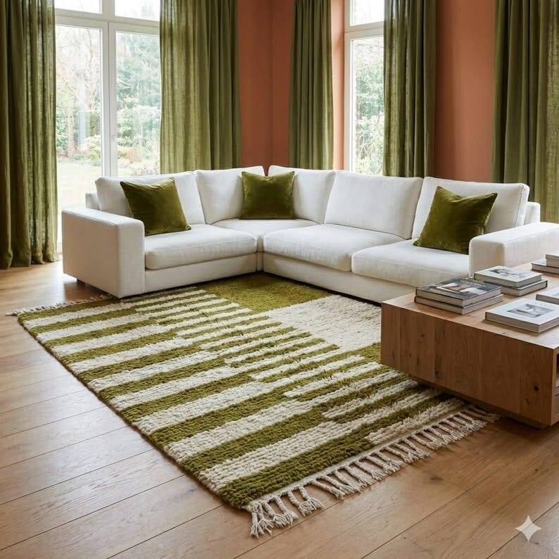 Handmade pure wool beni ourain rug green 1.5/2.5 m