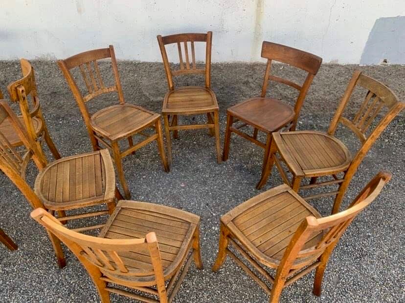 Set of 13 old art deco bistro chairs from the 1930s in light wood