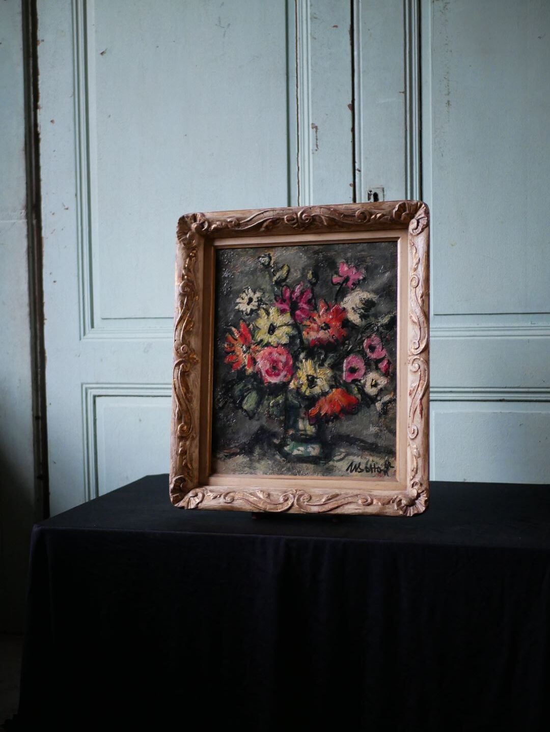 Old oil on canvas, bouquet of flowers, Montmartre style frame