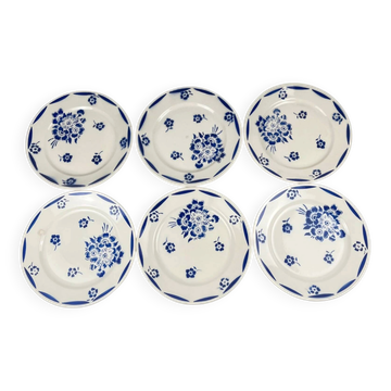 Set of 6 dessert plates, semi-porcelain Badonviller, blue flower pattern, early 20th century.