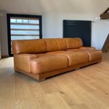 Vintage 3-seater sofa Gérard Guermonprez fawn and stainless steel leather, France 1970