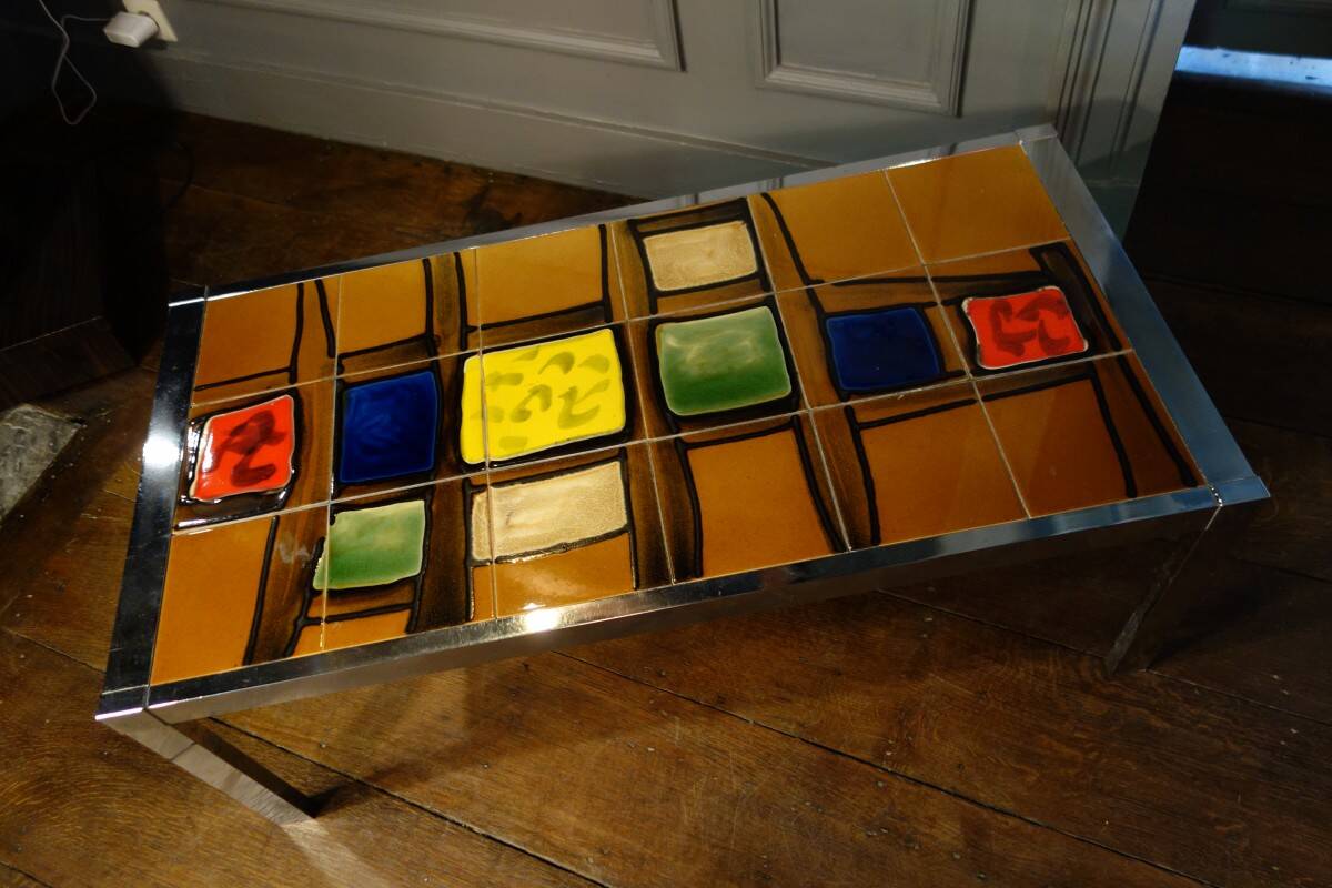 Ceramic / chrome metal coffee table Design Style Belarti, circa 1960