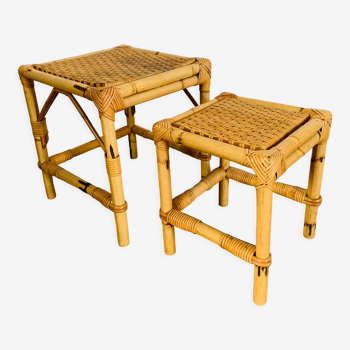 Set of two pull-out tables in rattan and wicker