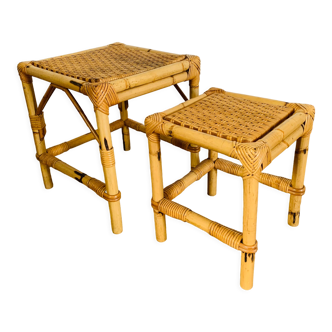 Set of two pull-out tables in rattan and wicker