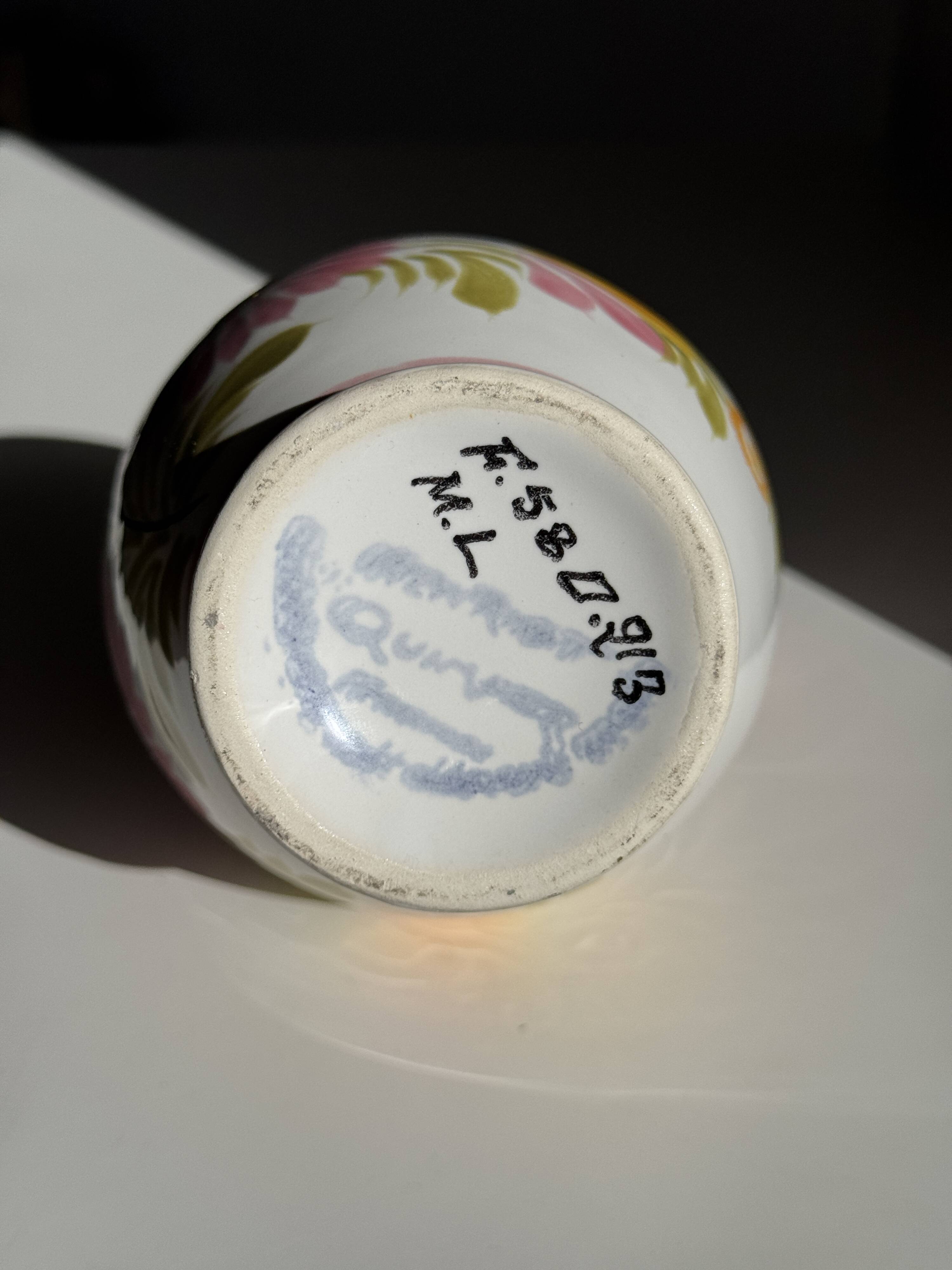 Mini vase with stylised flowers in green and yellow roses, H15.5.