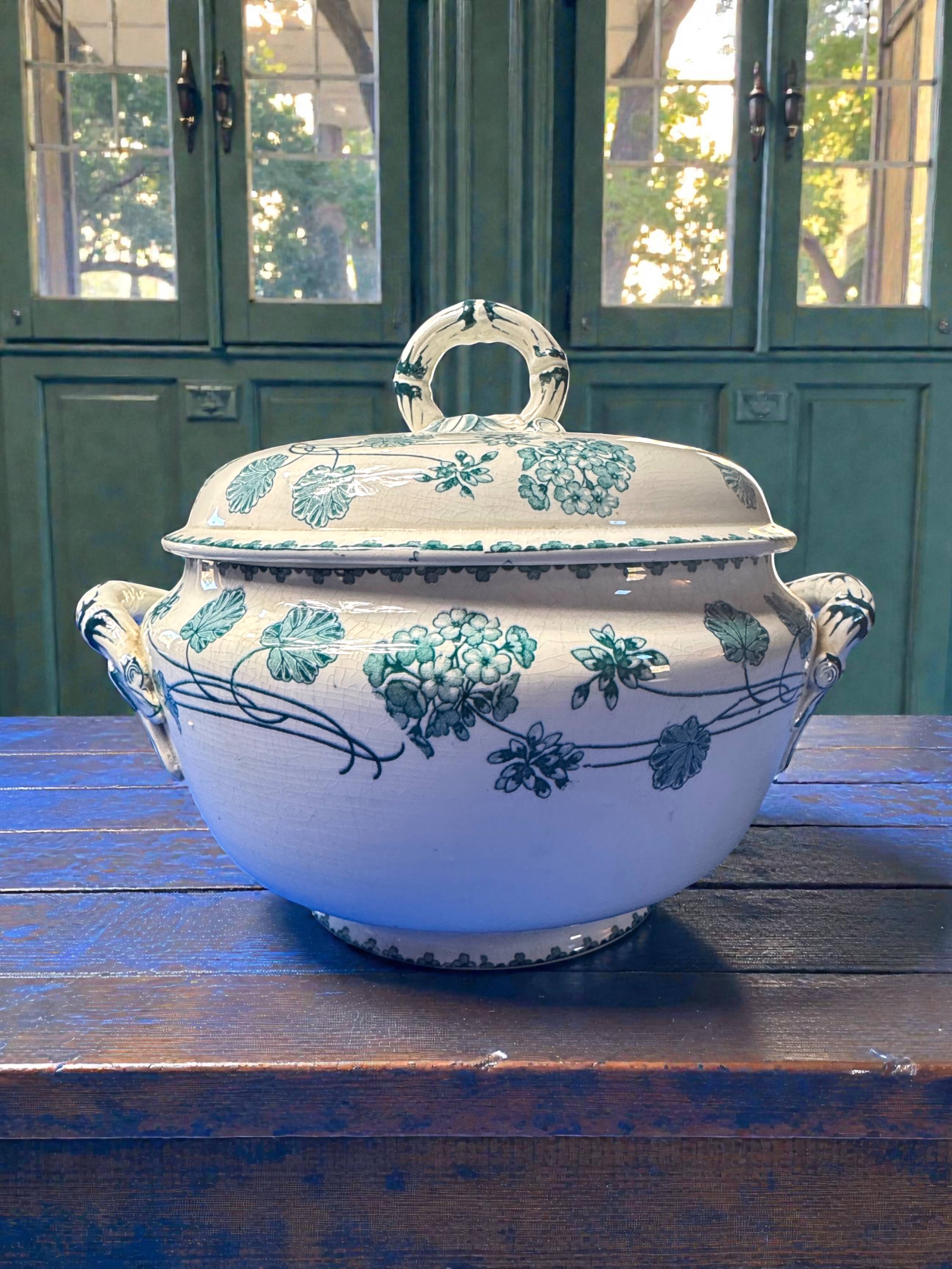 Antique Sarreguemines U&C soup tureen, geranium