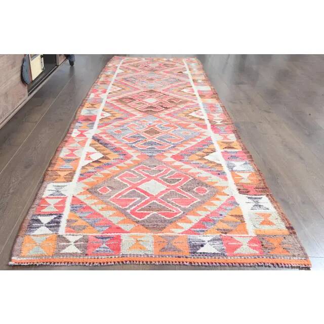 1970s Turkish Oushak Handmade Wool Cotton Pink Runner Rug 98x315
